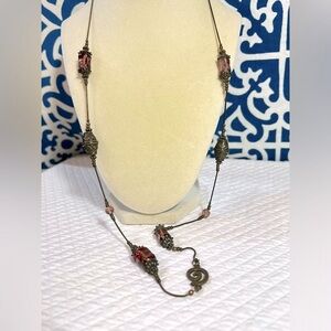 Simple Elegant Marks & Spencer Bronze Necklace With Pink, Purple Tone Glass Bead